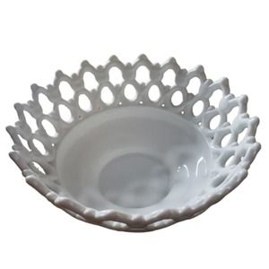 VINTAGE Footed Bowl Milk Glass WESTMORELAND Lace Edged Serving Midcentury Modern